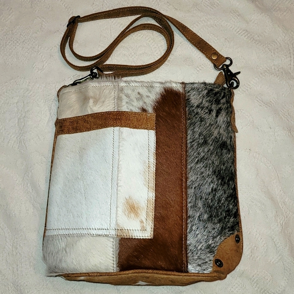 Myra Bag handbag patched 100% leather cow hide & suede brown cream - Picture 1 of 9